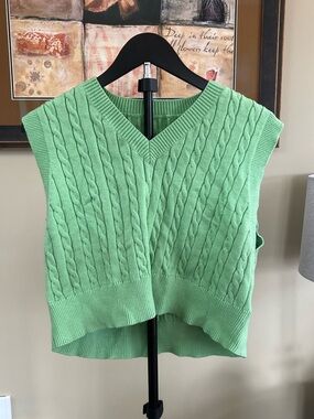 Cable Knit V-Neck Sweater Vest in Mint Green